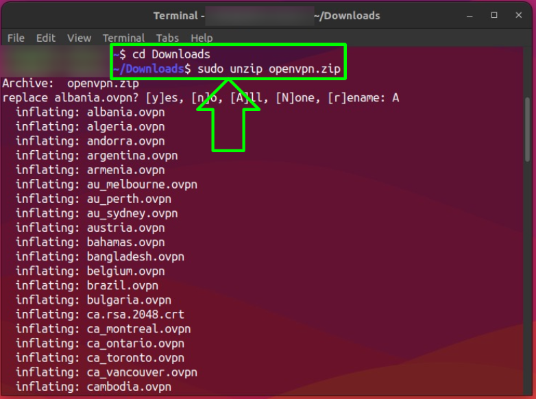 Screenshot showing how to unzip PIA's OpenVPN files on Linux