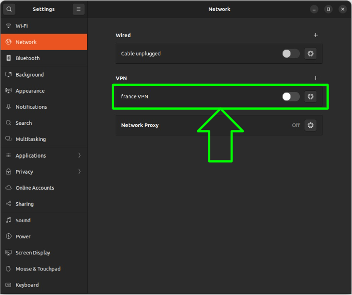 Screenshot showing how to turn on OpenVPN in Linux Network settings