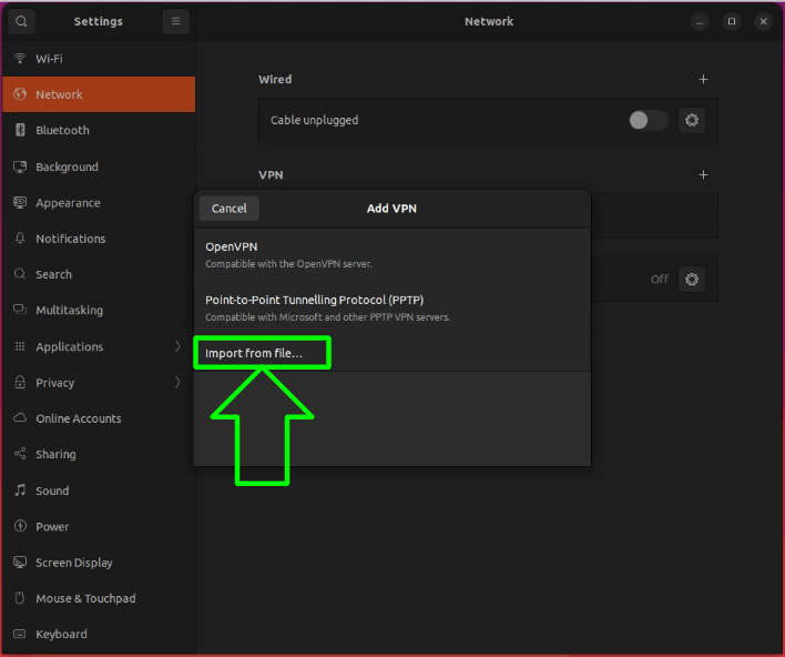 Screenshot highlighting how to import new OpenVPN connections