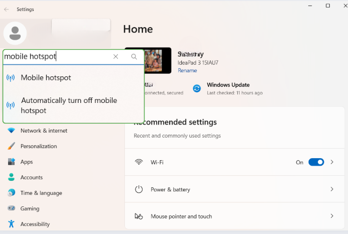 Finding mobile hotspot setting on Windows