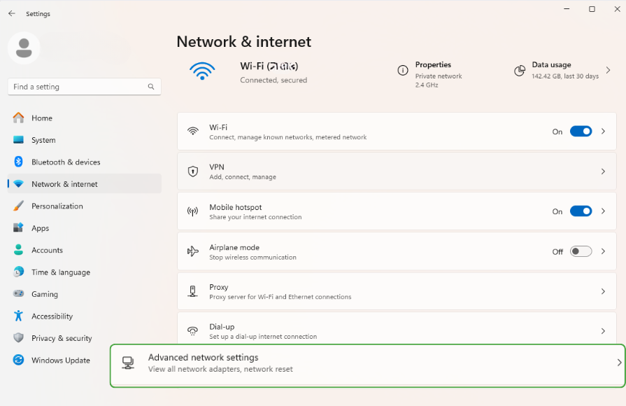 Open the Advanced Netwrok Settings